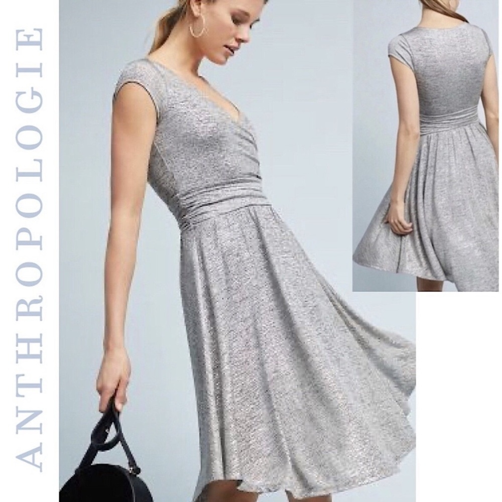Anthropologie Maeve Silver Metallic Tamera Faux Wrap Midi Dress Women’s Small